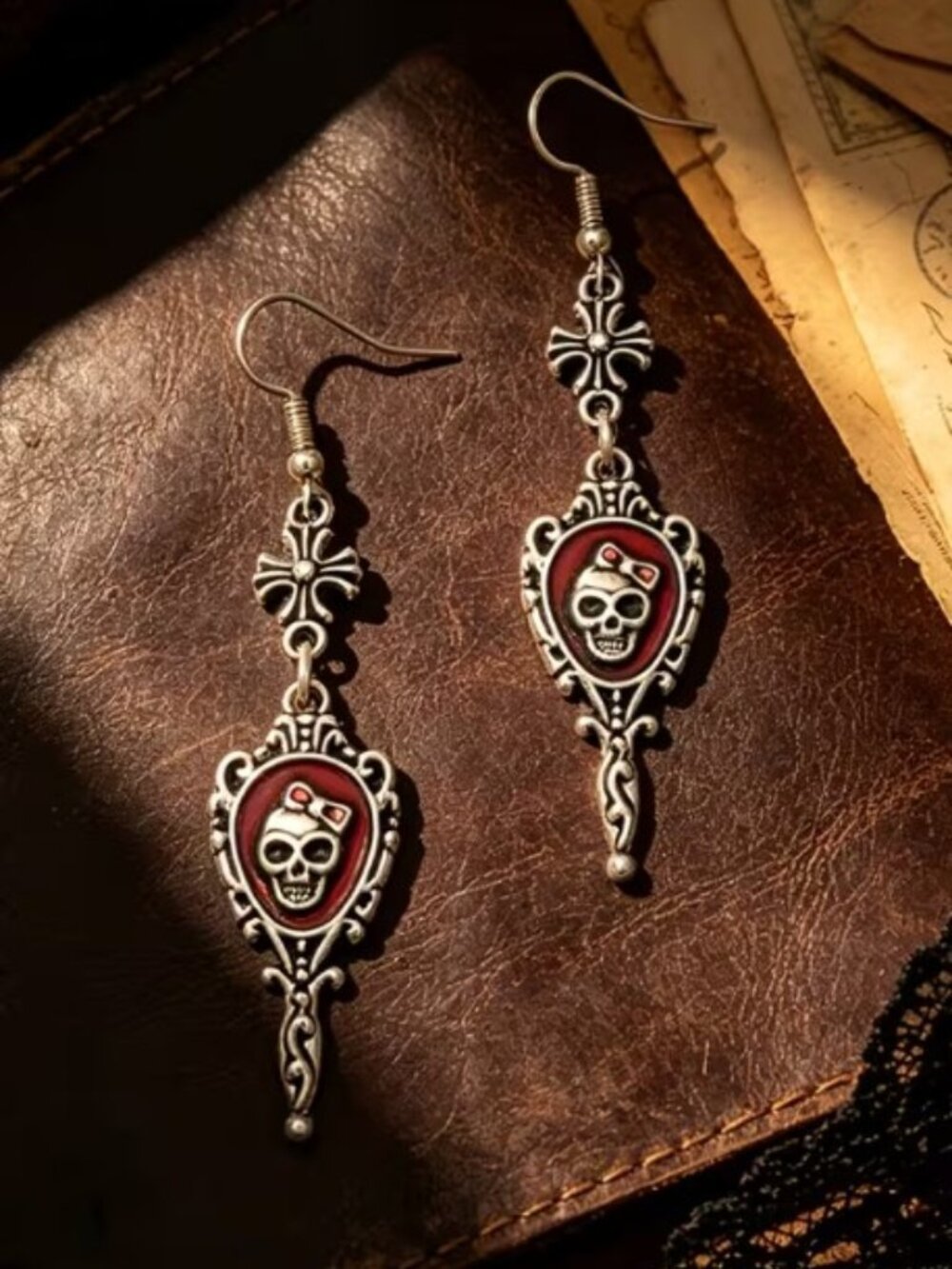 Retro Style Distressed Skull Long Earrings Red Black Dripping Carved Frame NWT